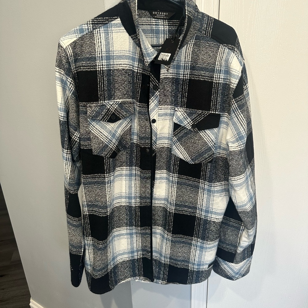 Outsport Black, White & Light Blue Plaid Flannel Shirt